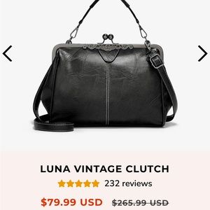 Walasa brand Luna Vintage Clutch, black, embossed detail, kiss lock closure.